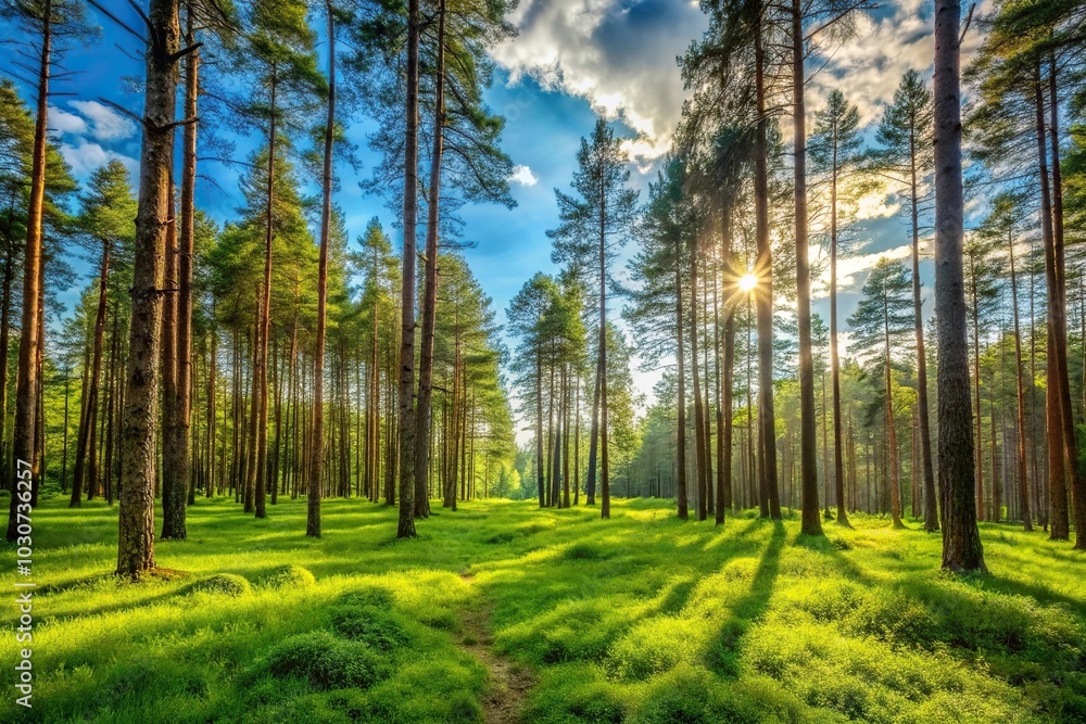 Fototapeta premium forest trees growing in wide-angle landscape and grass