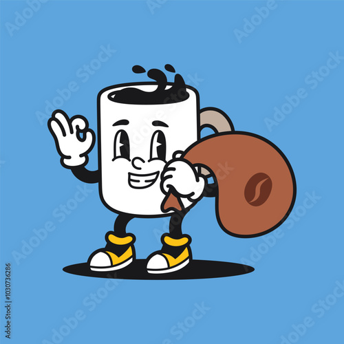 Coffee Lifting Bean Sack Retro Mascot Cartoon Vector Illustration