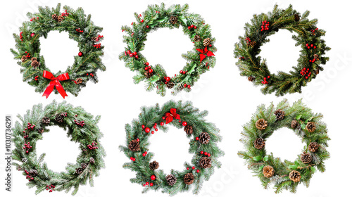 Set of Christmas wreaths isolated over a white or transparent background. Christmas decoration concept