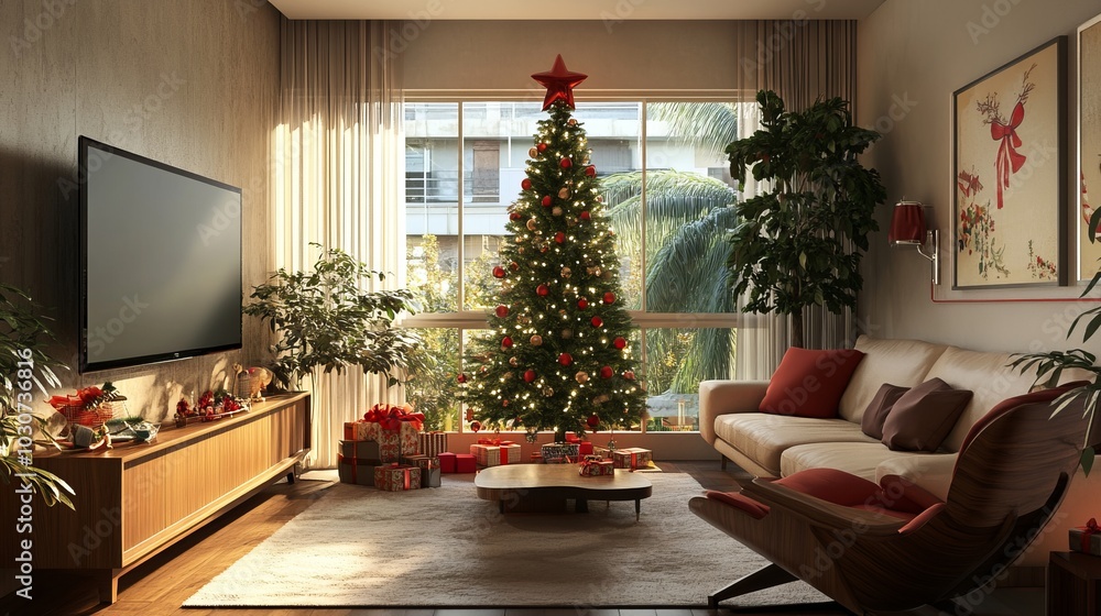 Cozy living room decorated for Christmas with a tree and gifts. Cozy living room decorated for Christmas with a tree and gifts.