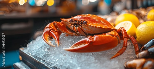 Fresh Red Crab on Ice with Lemons, Seafood Delights, Culinary Background for Restaurant Menu photo