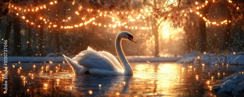 A serene white swan glides across a pond, bathed in the glow warm string lights. photo