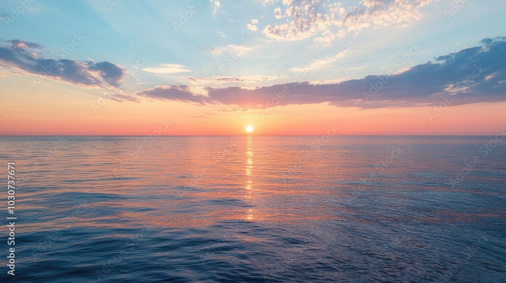 Fototapeta premium Quiet sunset over the calm waters of Lake Michigan, with room for copy in the sky