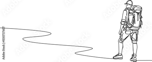 continuous single line drawing of hiker with backpack following footpath, line art vector illustration