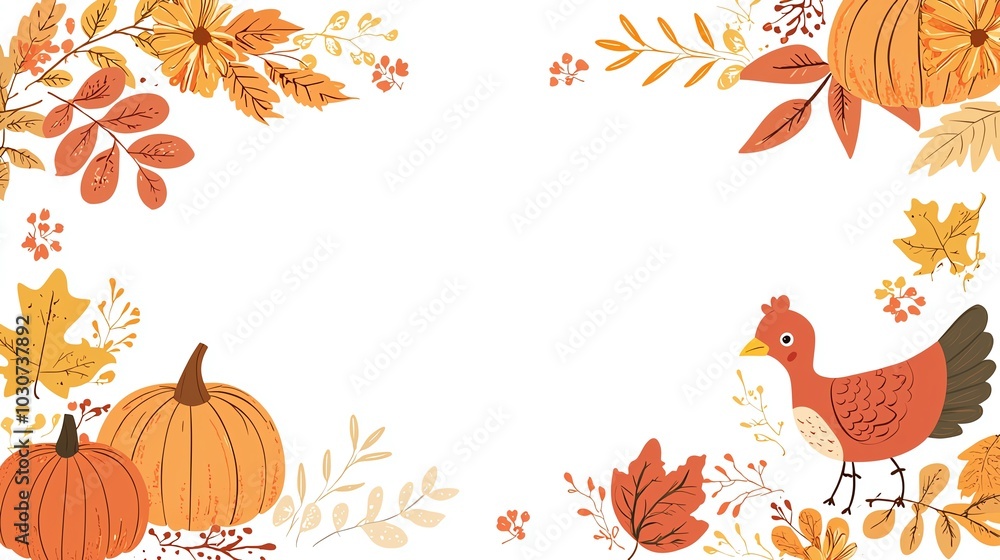 Autumn harvest theme with pumpkins, leaves and a turkey on a white background. Autumn harvest theme with pumpkins, leaves and a turkey on a white background.