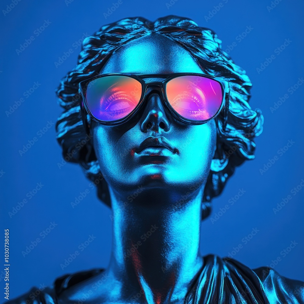 Classical bust in bright neon sunglasses display