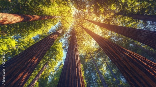 Redwood forest in California, tall trees reaching towards the sky with room for text