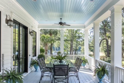 Coastal Style Porch with Light Blue Ceiling, White Walls, Black Metal Chairs, and Glass Table