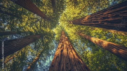 Redwood forest in California, tall trees reaching towards the sky with room for text