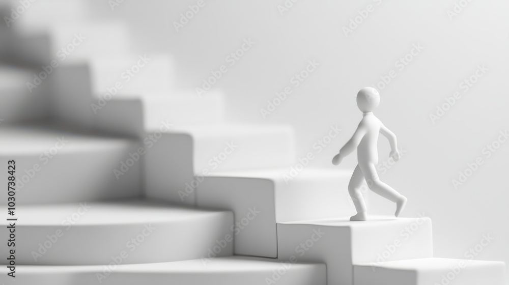 3D rendering of figure ascending white stairs symbolizes progress and leadership. This evokes sense of determination and ambition in reaching new heights 3D rendering of figure ascending white stairs symbolizes progress and leadership. This evokes sense of determination and ambition in reaching new heights