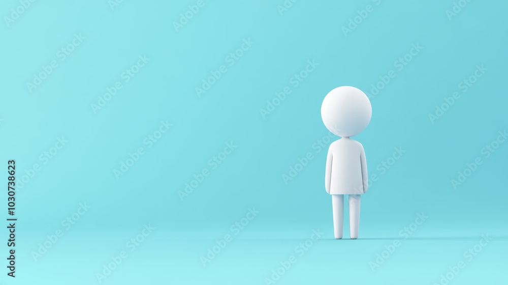 simple 3D character stands alone against bright turquoise background, evoking sense of contemplation and introspection. This minimalist design highlights characters form and serene color palette simple 3D character stands alone against bright turquoise background, evoking sense of contemplation and introspection. This minimalist design highlights characters form and serene color palette
