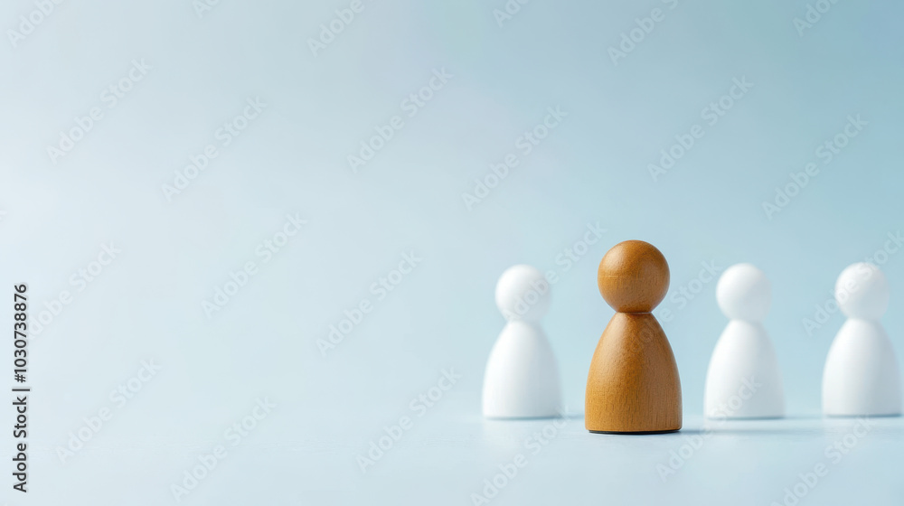 wooden figure stands out among white figures, symbolizing leadership and guidance in team setting. This captures essence of teamwork and career progression wooden figure stands out among white figures, symbolizing leadership and guidance in team setting. This captures essence of teamwork and career progression