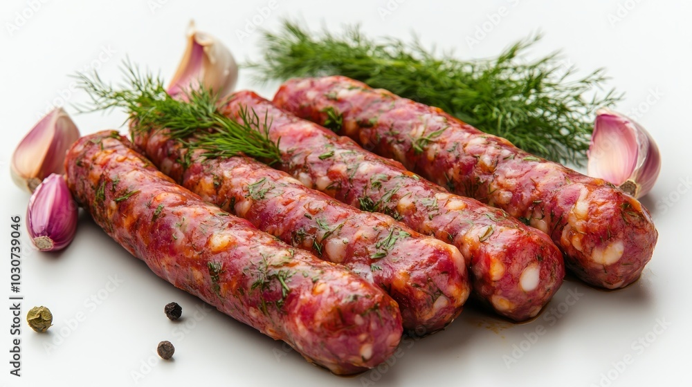 Four raw sausages with dill, garlic, and peppercorns on a white background. Four raw sausages with dill, garlic, and peppercorns on a white background.