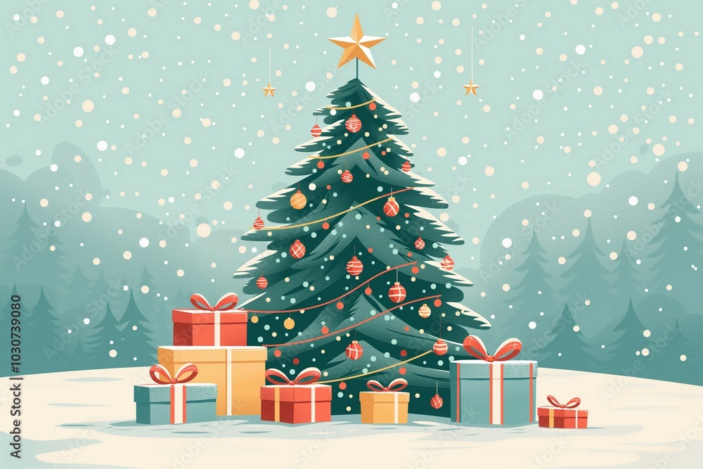Obraz premium Elements of a 2D Christmas Tree Illustration, Popular Decorations for a Flat Christmas Tree Design, Key Design Aspects of a Festive 2D Christmas Tree, Christmas tree, flat design, 2D illustration, fes