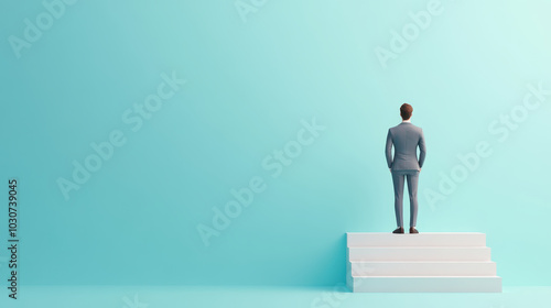 confident leader standing on steps against turquoise background, symbolizing career development and growth