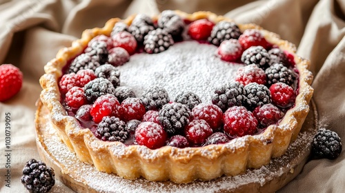 Freshly Baked Berry Tart with Strawberries and Blackberries Topped with Powdered Sugar