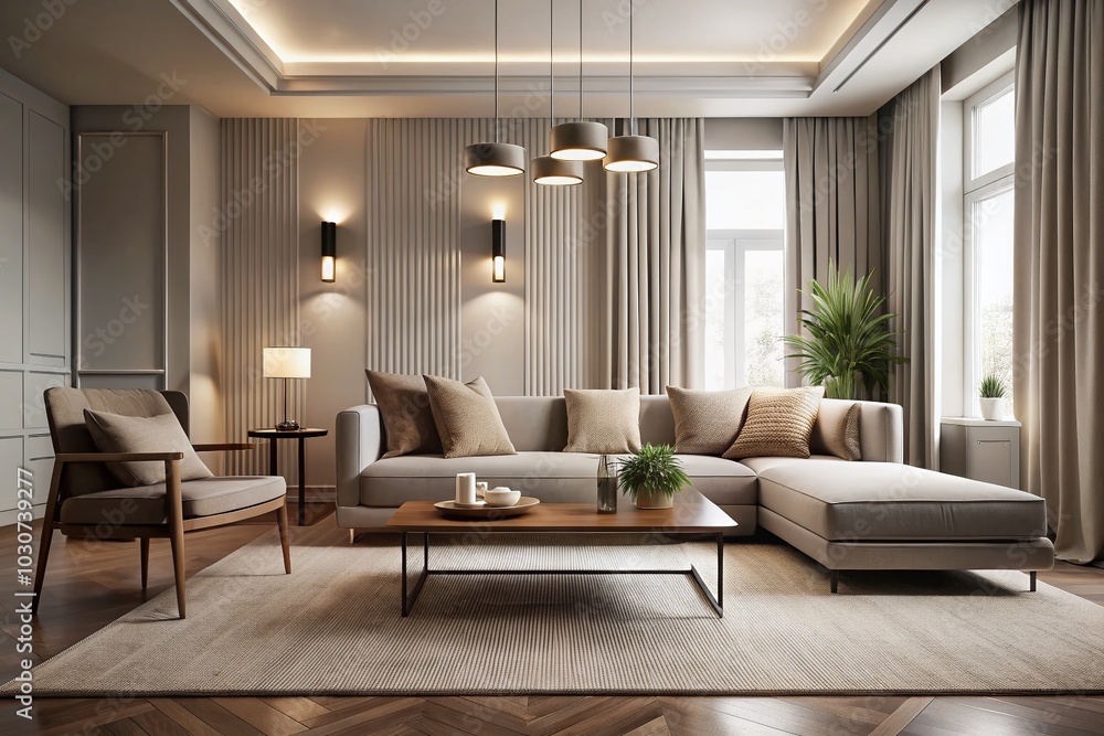 Fototapeta premium Luxurious Minimalist Living Room with Soft Lighting - Long Exposure Photography