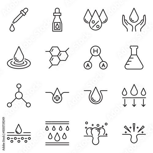 skin care flat line icons set. Hyaluronic acid drop, serum, anti ageing compound retinol, pore tighten vector illustrations. Outline signs cosmetic product label