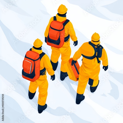 Wallpaper Mural Three figures in yellow suits walking on snow, suggesting exploration or rescue. Torontodigital.ca