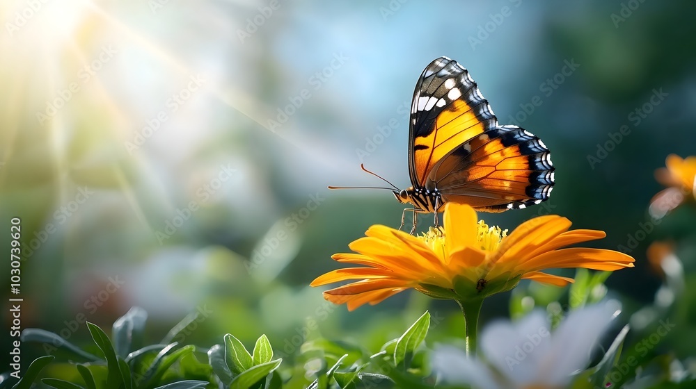 Obraz premium Captivating butterfly resting gracefully on a vibrant colorful flower in a lush summer garden The delicate insect sits amidst the bloom s delicate petals creating a peaceful serene natural scene
