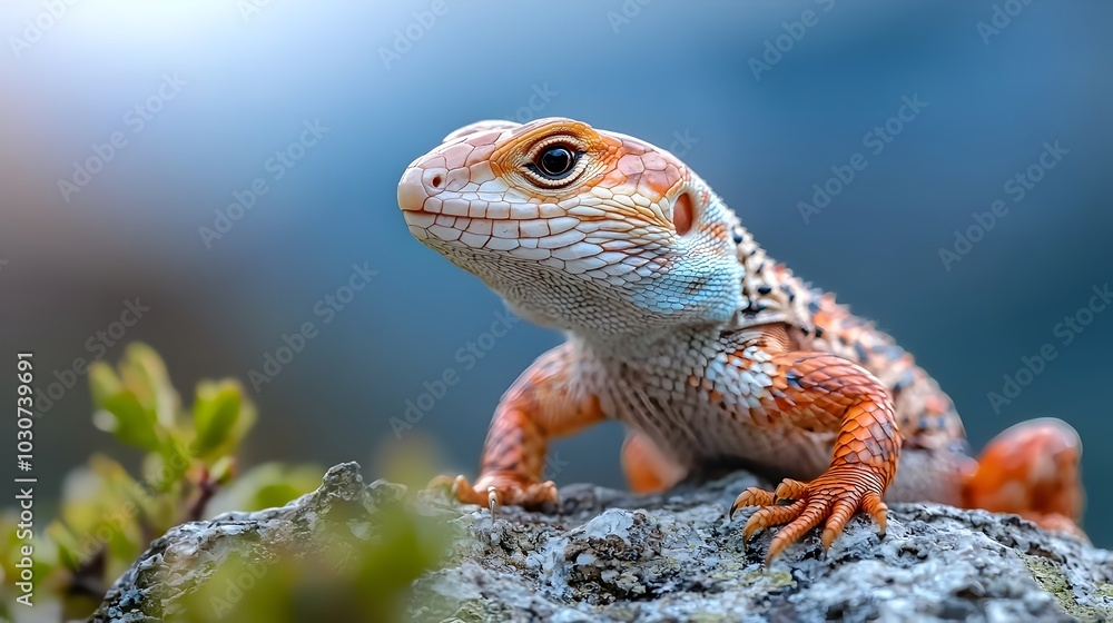Obraz premium A close up view of a lizard sunbathing on a rock its intricate scale patterns shimmering in the warm light The reptile is in a state of relaxation blending seamlessly with its natural environment
