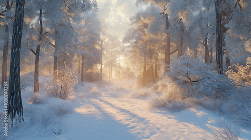 Winter forest with soft morning sunlight streaming through the trees, showing a serene snowy landscape.