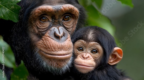 A nurturing chimpanzee gently cradling its adorable baby amidst the lush verdant foliage of a tropical jungle  The scene showcases the tender bond between a mother primate and its offspring