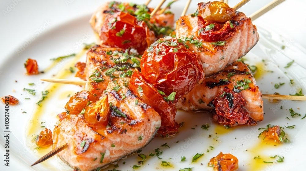 Grilled salmon skewers with cherry tomatoes and herbs on a white plate. Grilled salmon skewers with cherry tomatoes and herbs on a white plate.