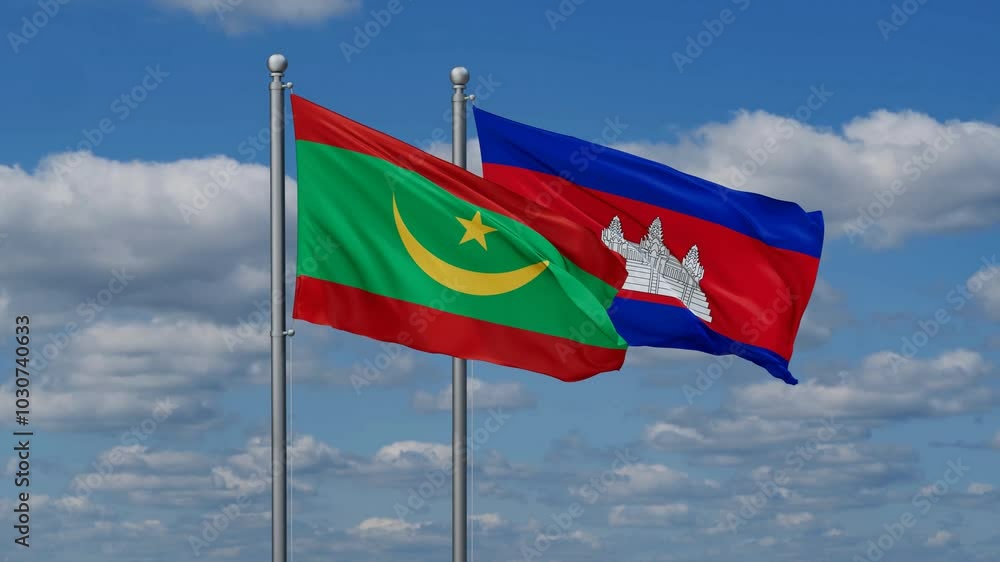 Cambodia and Mauritania flags flying together, video concept of the relationship, two country relations concept Cambodia and Mauritania flags flying together, video concept of the relationship, two country relations concept