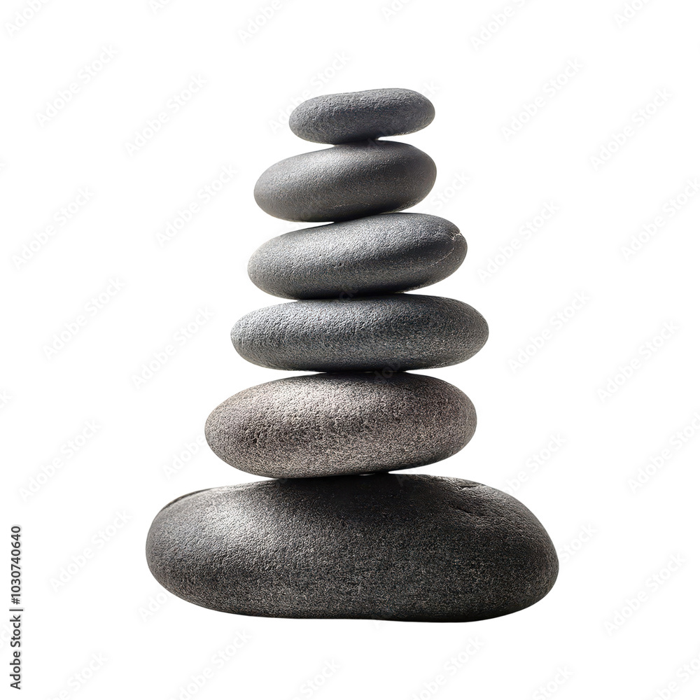 Stacked smooth stones, symbolizing balance and tranquility, white isolate background transparent Stacked smooth stones, symbolizing balance and tranquility, white isolate background transparent