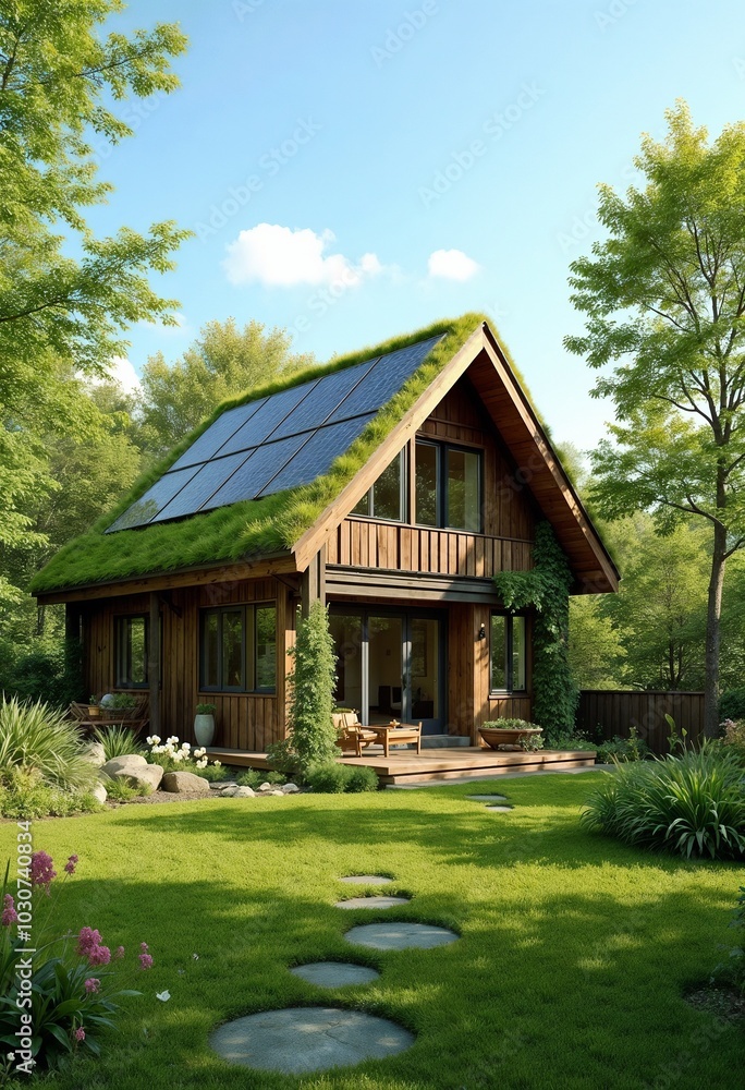 Eco-friendly house surrounded by greenery with a solar panel on the roof.