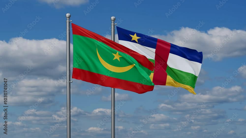 Central African Republic and Mauritania flags flying together, video concept of the relationship, two country relations concept Central African Republic and Mauritania flags flying together, video concept of the relationship, two country relations concept