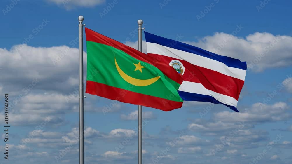 Costa Rico and Mauritania flags flying together, video concept of the relationship, two country cooperation concept Costa Rico and Mauritania flags flying together, video concept of the relationship, two country cooperation concept