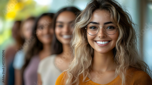 Group of smiling young women in a bright, cheerful setting.