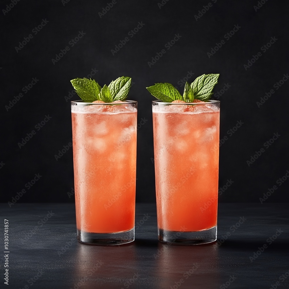 Two refreshing cocktails with ice and mint leaves on a dark background. Two refreshing cocktails with ice and mint leaves on a dark background.