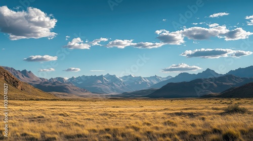 The Andes mountain range in Argentina, with open plains and space for copy in the sky