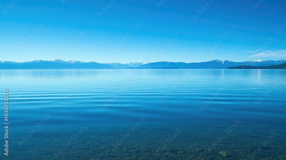 Fototapeta premium The calm waters of Lake Tahoe with a clear, open sky for copy
