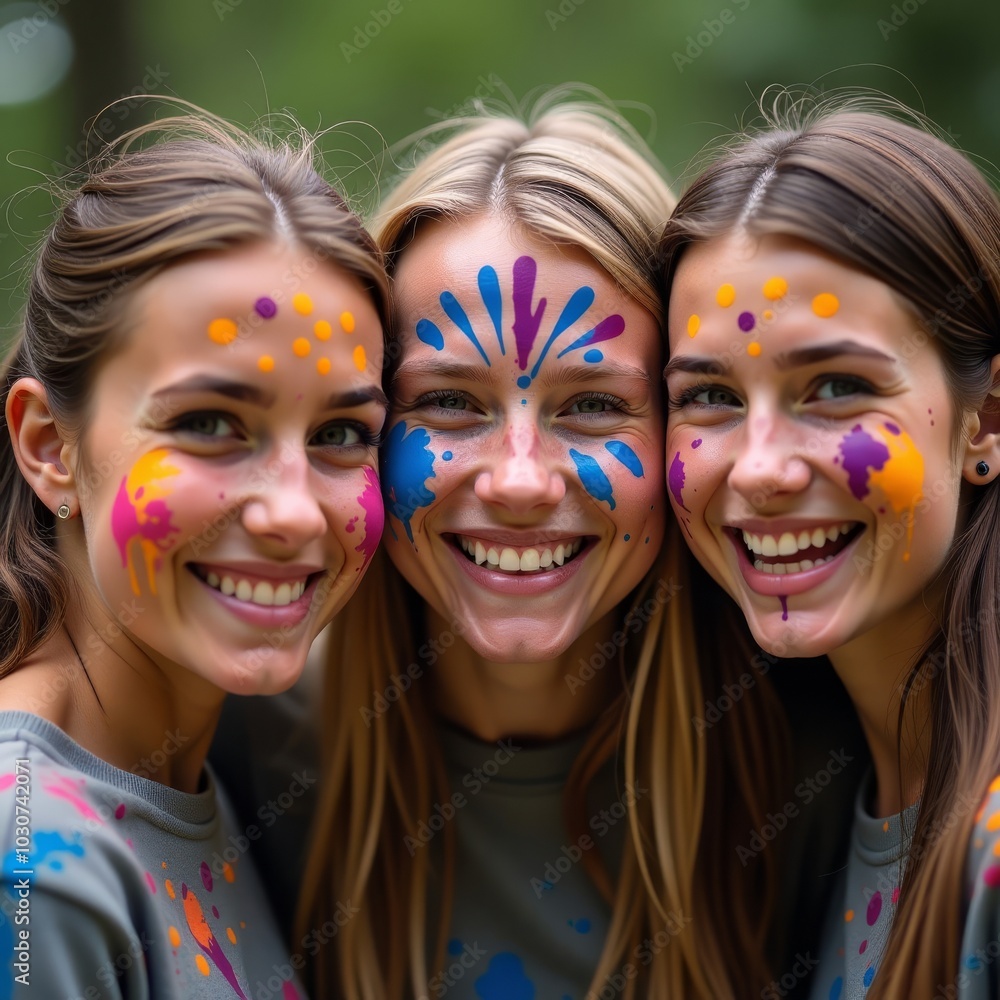 Close-up shot of group of happy friends playing paintball and having splashes of colorful paint on their faces Close-up shot of group of happy friends playing paintball and having splashes of colorful paint on their faces