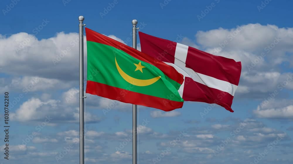 Denmark and Mauritania flags flying together, video concept of the relationship, two country relations concept Denmark and Mauritania flags flying together, video concept of the relationship, two country relations concept