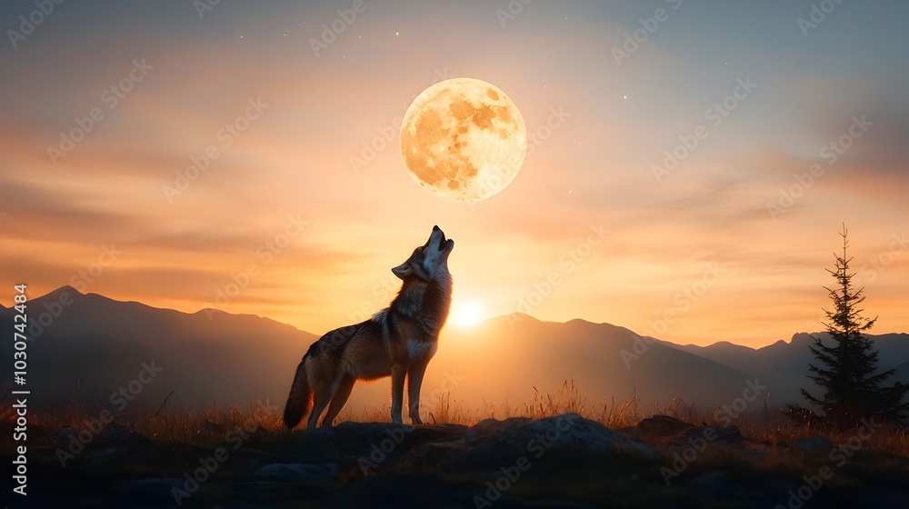 Powerful silhouette of a wolf howling under the captivating light of a full moon surrounded by a breathtaking starry night sky This dramatic and atmospheric scene captures the wild Powerful silhouette of a wolf howling under the captivating light of a full moon surrounded by a breathtaking starry night sky This dramatic and atmospheric scene captures the wild