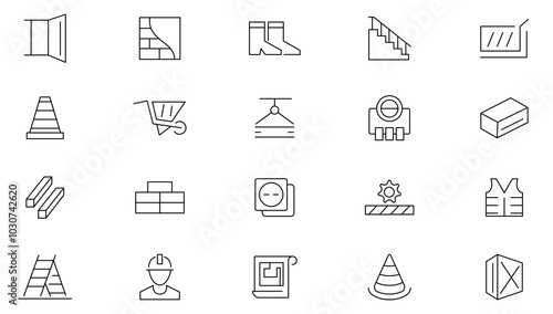 Construction line icon set. Repair, renovation, work tools, materials, big closet,brick wall, inclined clippers, chisel, house plan, design, success, boss line icon set. UI thin line icon pack.