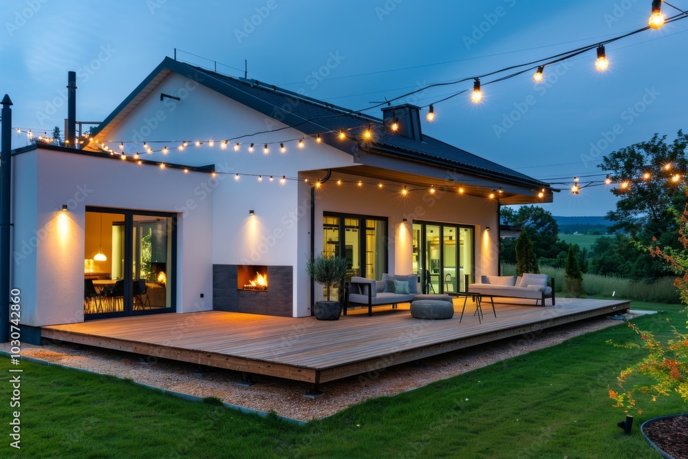 Fototapeta premium Modern Country House with Wooden Terrace, White Walls, Black Roof, Garden, Trees, Grass, String Lights, Outdoor Furniture, Fireplace, Summer Evening, Blue Sky