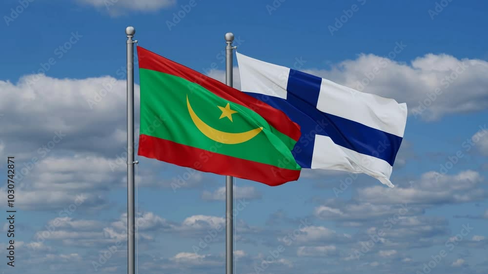 Finland and Mauritania flags flying together, video concept of the relationship, two country relations concept Finland and Mauritania flags flying together, video concept of the relationship, two country relations concept
