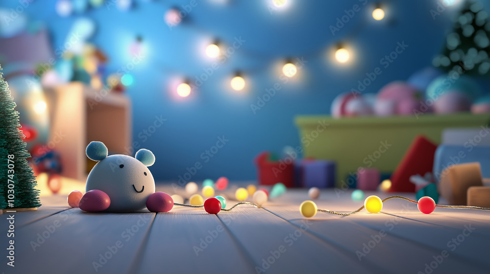 Delightful toy mouse amidst colorful lights and holiday cheer in a cozy room setting Delightful toy mouse amidst colorful lights and holiday cheer in a cozy room setting