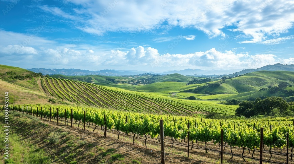 Fototapeta premium The rolling hills of the California wine country with ample sky for text