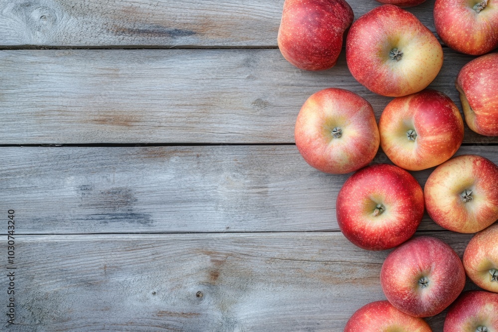 High-quality image of freshly picked apples on a blank wooden surface, with ample blank space for text, ideal for produce advertisements. High-quality image of freshly picked apples on a blank wooden surface, with ample blank space for text, ideal for produce advertisements.
