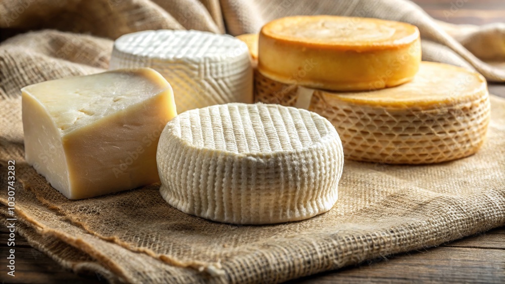 Fresh cheeses of Burgos on natural linen tablecloth Spanish white cheese delicacy photography extreme close-up Fresh cheeses of Burgos on natural linen tablecloth Spanish white cheese delicacy photography extreme close-up