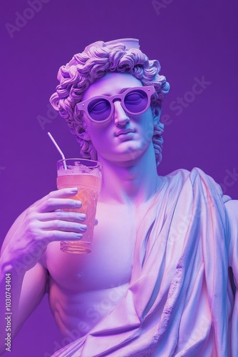 Classical statue wearing sunglasses, sipping a drink.