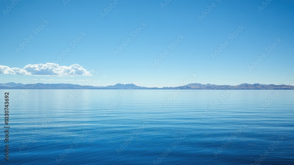 The serene blue waters of Lake Titicaca with a clear sky for text or design The serene blue waters of Lake Titicaca with a clear sky for text or design