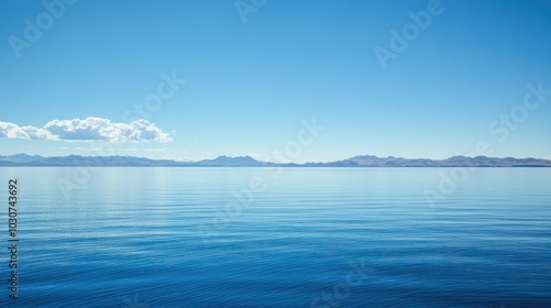 The serene blue waters of Lake Titicaca with a clear sky for text or design